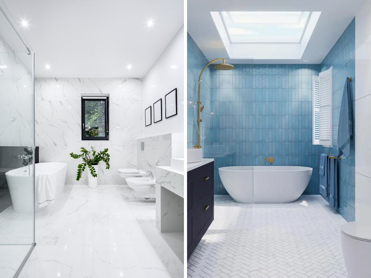 Màu sắc cho phòng tắm với tone màu trắng và xanh